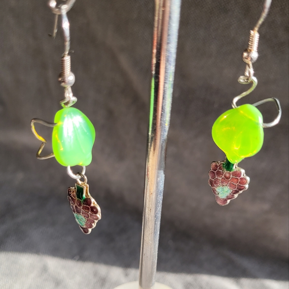Handmade cloissone grape and milk glass leaf earrings